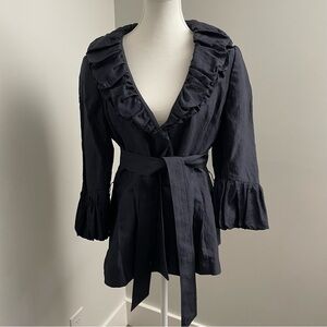 Lafayette 148 Ruffle Collar Tie Waist Jacket Navy Blue Size 8